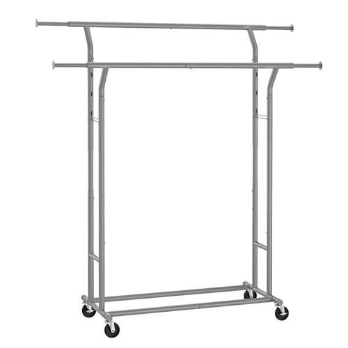 SONGMICS Cabide, Cabide, cabide para roupa cachecóis com 4 rodas, altura e comprimento reguláveis, cinzento pombo HSR012G01