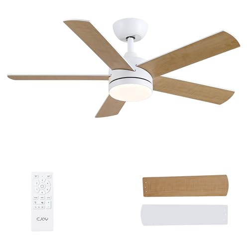 CJOY Ventoinha de teto com luz, 107 cm, ventilador de teto silencioso com comando à distância, 6 velocidades, 3 CCT regulável, reversível CC, temporizador, branco/madeira, 5 pás, memória função