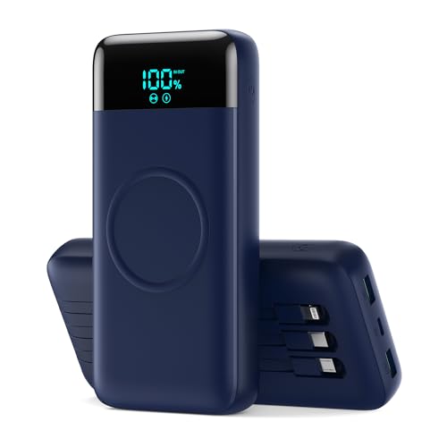 Bateria externa sem fios 26800 mAh com 3 cabos, 7 em 1 Wireless Power Bank carregamento rápido 25 W PD3.0 QC4.0, 6 portas Powerbank carregador portátil LCD Display compatível com iPhone 16/15/14