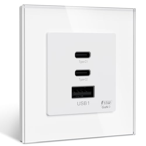 BSEED Estação de carregamento USB incorporada, carregador GaN 65 W com 2 x USB C/1 x USB A carregador USB para dispositivos eletrónicos/smartphones/tablets, tomada de parede Schuko, branco