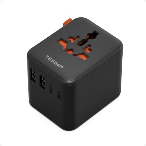 TESSAN Adaptador de tomada universal de viagem, carregador universal com 2 USB C e 2 USB A, adaptador de alimentação universal para o Reino Unido Japão Suíça Canadá Argentina México Tailândia China
