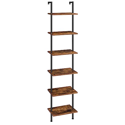 HOOBRO Prateleira de madeira de 6 níveis para parede, estante estreita para livros, prateleira de exposição, prateleira de armazenamento, para sala de estar, estúdio, castanho rústico EBF651CJ01