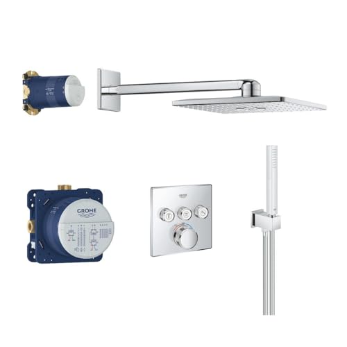 GROHE Grohtherm SmartControl - Conjunto de chuveiro termostático (chuveiro mural quadrado 31 cm com 2 jatos, termostato embutido, teleduche stick com suporte e flexo), pronto para instalar, cromo,