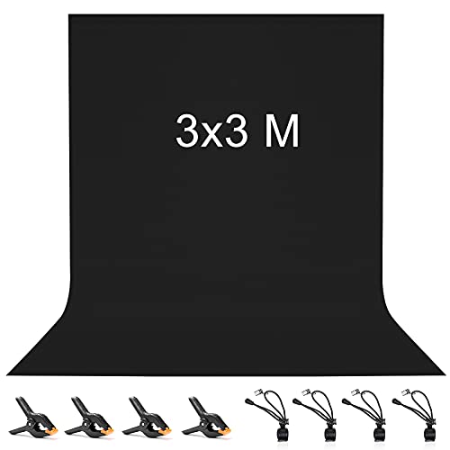 Vevelux Fundo de fotografia de 3 x 3 m, fundo fotográfico 100 % poliéster com 8 pinças grandes de estúdio, ecrã preto para fotografia, vídeo, estúdio, cinema, televisão
