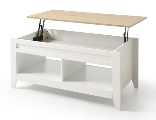 HOGAR24 ES Kim - Mesa central elevada com armazenamento e prateleiras, combinada cor branca e madeira. Medidas: 100 x 50 x 46 cm.