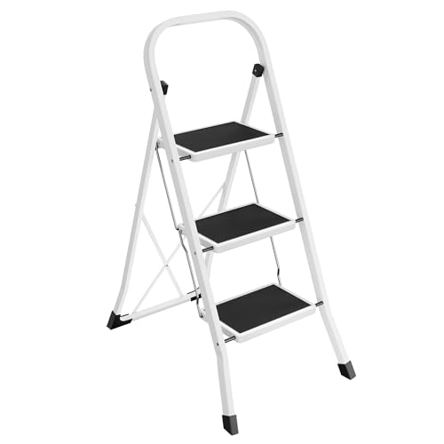 SONGMICS Escada de tesoura, escada com 3 degraus, queda dobrável, bloqueio de segurança, fácil de guardar, carga até 150 kg, branco simples GSL03WT