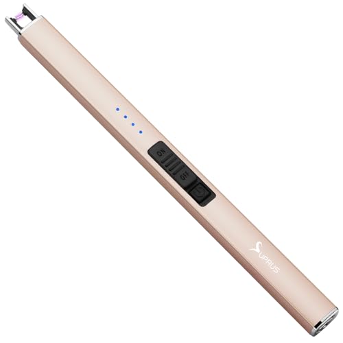 SUPRUS Isqueiro elétrico com arco elétrico, resistente ao vento, sem chama, recarregável por USB, com cadeado de segurança, para vela de campismo (dourado)