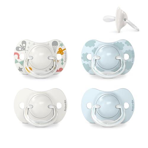 Suavinex, Conjunto de 4 chupetas com cetina fisiológica de silicone SX Pro, para bebés de 0 a 6 meses, chupeta para recém-nascido, com tetina mais plana e flexível, respeita o desenvolvimento