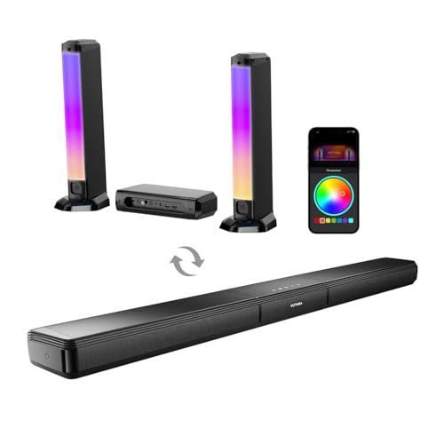 ULTIMEA Barra de som de 5,0 ch TV, barra de som PC com RGB para cinema em casa, soundbar removível com controlo de aplicativo, barra de som Bluetooth 5.3, HDMI-ARC/Opt/AUX, montagem na parede, Apollo