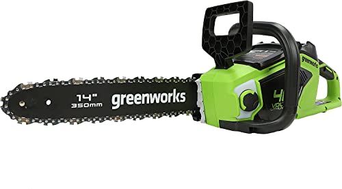 Greenworks GD40CS15 Motosserra a bateria, motor sem escovas, comprimento da barra de 14 polegadas (35 cm), velocidade de corrente de 12 m/s, 3,5 kg, proteção contra retrocesso sem bateria de 40 V,