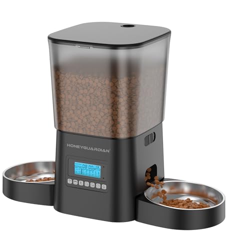HoneyGuaridan Alimentador automático de gato 2 tigelas, dispensador de comida para 2 gatos e cães com temporizador, alimentador automático gatos gravador de voz, 1-6 refeições/dia