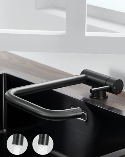ANYCEE Torneira cozinha rebatível preto, misturador lava-louça com 2 tipos de jato, dobrável torneira pia giratória de 360°, torneira cozinha de aço inoxidável