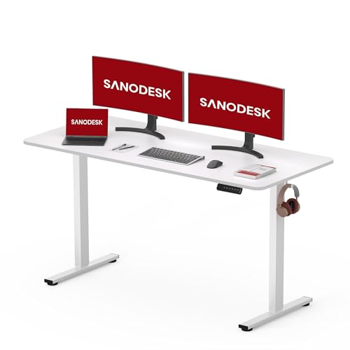 SANODESK 120 x 60 cm, mesa elétrica elevável com placa inteira, regulável em altura, telescópico bidirecional, com controlo de memória e tecnologia anticolisão (branco)