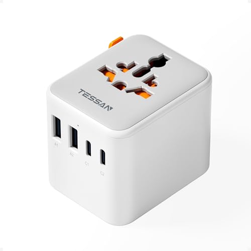 TESSAN Adaptador de tomada universal com 2 USB C 15 W, adaptador de viagem com 4 USB, carregador universal para o Reino Unido Americano Japão Brasil Austrália Espanha Argentina Tailândia