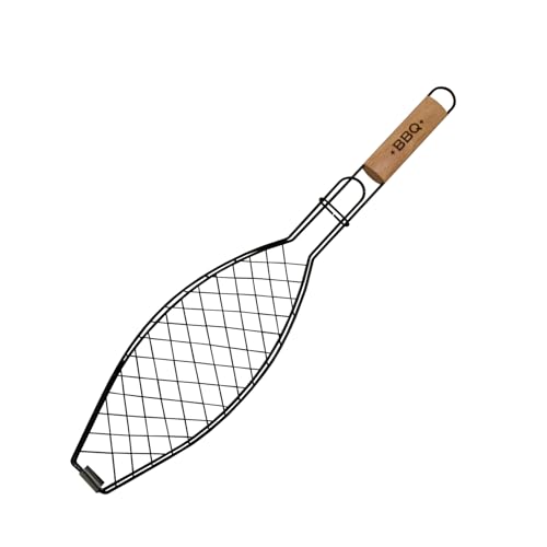 Fackelmann Grelha para peixe reversível, utensílios de churrasco, barbearia de aço com revestimento especial antiaderente, cabo de madeira, 60 x 13 cm, 1 unidade