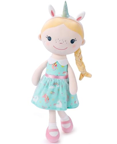 GAGAKU Bonecas pano para meninas 40,6 cm tecido macio anjo guardião presente de batismo para menina com asas de peluche amuleto da sorte para meninos de 1-6 anos - unicórnio menina