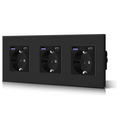 BSEED Tomada de parede com 20 W USB e tipo C, tomada USB C de vidro, carregamento rápido, 3 em 1, instalação fácil, 3 tomadas, 228 mm preto