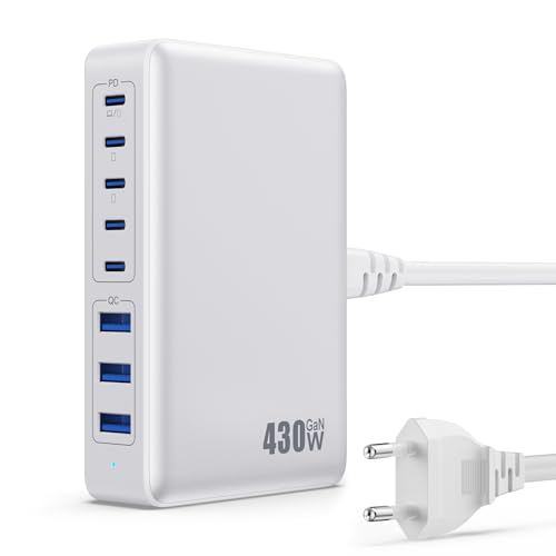 Feob Carregador USB múltiplo de 430W, 8 portas, 100 W, PD GAN IV, carregador de carregamento rápido QC PPS, tomadas USB C alimentador múltiplo tipo c compatível com MacBook Air/Pro, iPhone, iPad Pro