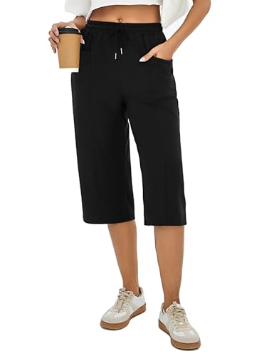 Demegimi Calças desportivas para mulher, 3/4 Capri Calças de algodão desportivas, cintura alta, calças piratas de verão, com bolsos para ioga e correr