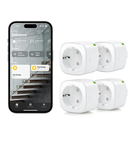 Eve Energy (Matter) pack de 4 – tomada inteligente, controlo remoto, 100% privacidade, compatível com Apple Home, Alexa, Google Home, SmartThings, requer um roteador de borda Thread