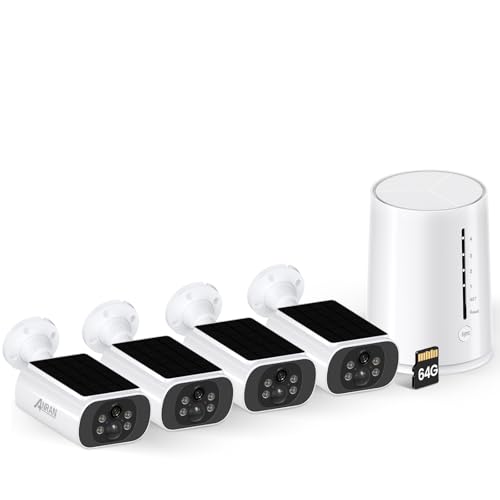 ANRAN 4MP Kit câmara de vigilância WiFi exterior, estação base 4CH kit câmaras sem cabos, bateria recarregável, painel solar integrado, câmara com cartão SD 64 GB, detecção de movimento, áudio de 2