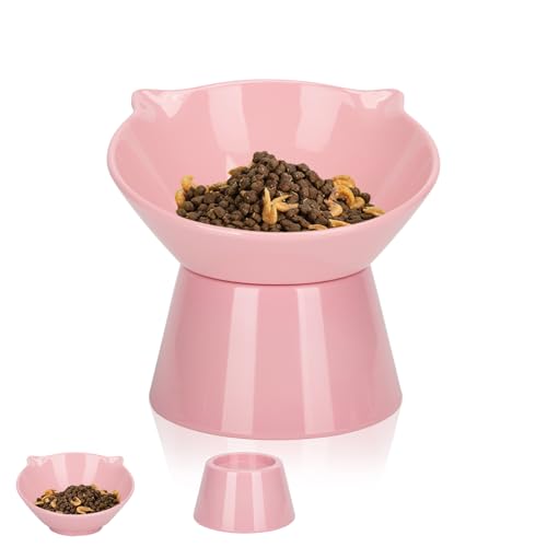 Alimentador para gatos, porta-moedas para gatos levantado com inclinação de 15° com suporte, reduzir a pressão do pescoço e prevenir vômitos, comedor gato para gatos e cachorros, rosa