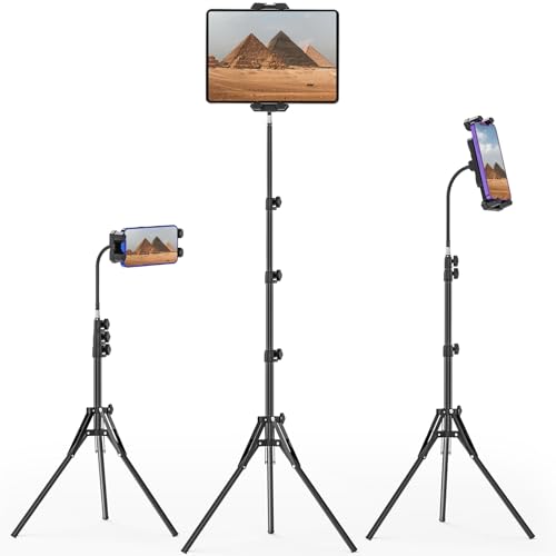 JUBORUI Suporte tripé para tablet altura regulável até 175 cm, suporte tripé para iPad com pescoço de cisne 360° suporte para tablet, suporte para iPad de 4,7-13,5" tablets