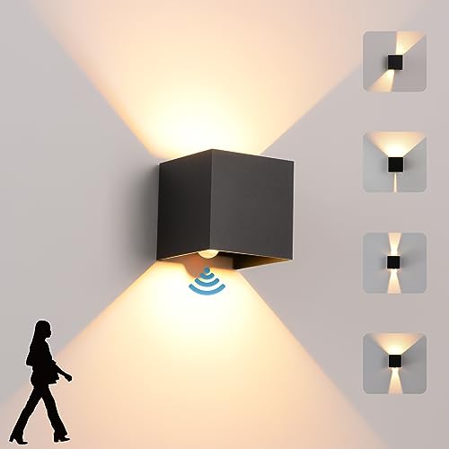 12 W Aplique moderno de parede, interior/exterior, com sensor de movimento, lâmpada LED, branco quente, 3000 K, IP65, ângulo ajustável, alumínio, preto, para terraço, jardins e varanda