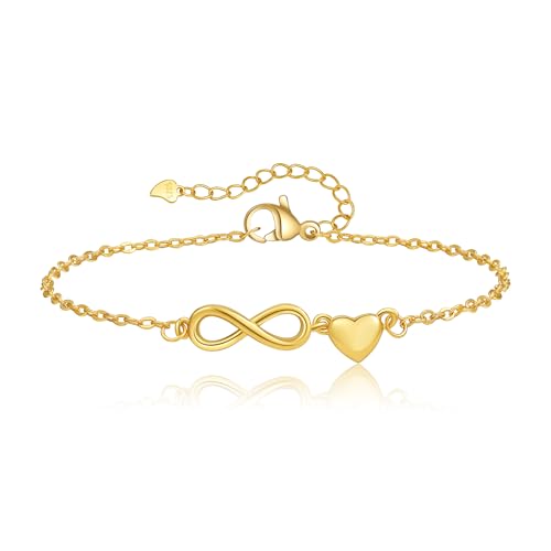 GEMAURA Pulseira de prata 925 para mulher, pulseira infinito de prata com zircão, pulseira ajustável em ouro, coração de prata, pulseira infinito, pulseiras de amizade, jóias presentes para mulheres