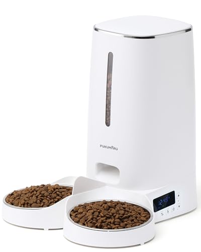 FUKUMARU Alimentador de gato automático, dispensador de 4 L comida para cão/gato com 2 tigelas de aço inoxidável, programa personalizado de alimentação automática, botão