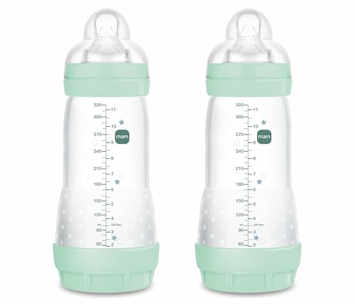 MAM Embalagem de 2 biberões anticólicos, a partir de 4 meses, 320 ml, com Tetina 3 fluxo rápido de fácil aceitação, auto-esterilizável e fácil de limpar, MAM Easy Start Anti-Colic, azul brilhante,