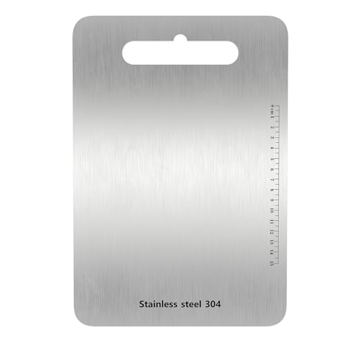 Placa de corte em aço inoxidável 304, tábua de cortar para campismo com orifício de aderência, tábua de cortar com escala, tábua de cozinha antibacteriana, fácil de limpar, para churrascos