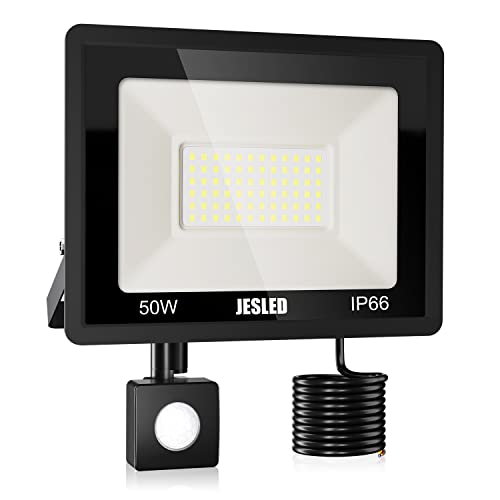 JESLED Foco LED para exterior, 50 W 4500 LM Foco LED com sensor de movimento, detetor de lâmpada LED 6000 K, branco frio, holofotes LED exterior impermeável IP66 para casa, garagem, pátio, terraço,