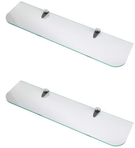 BSM Marketing - Prateleiras de vidro temperado de 6 mm de espessura com cantos curvados e prateleira grande com acabamento cromado, suporta 600 mm e 500 mm (aprox. ), 2 prateleiras transparentes, 600