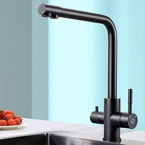 CECIPA Torneira de cozinha osmose preta, torneira de 3 vias com 2 saídas, torneira de cozinha para água potável com alavanca dupla, torneiras cozinha lava-louça giratória de 360°