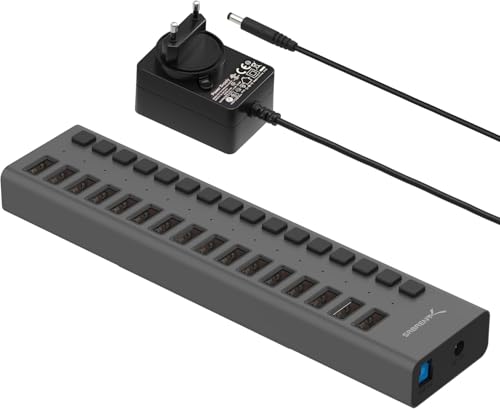 SABRENT Hub de 16 portas USB e com interruptores de alimentação individuais e LED, USB 3.0 | estação de carregamento, inclui adaptador de corrente de 90 W, para PS5, Xbox, PC, Gaming [HB-PU16]