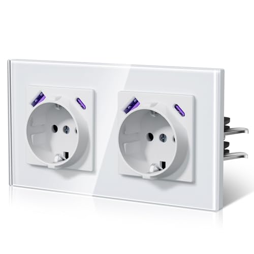 BSEED Tomadas com 20 W USB e tipo C, tomada de parede dupla com vidro, carregamento rápido, instalação com escritório, série E, 2 tomadas com 20 W USB e tipo C, 157 mm branco