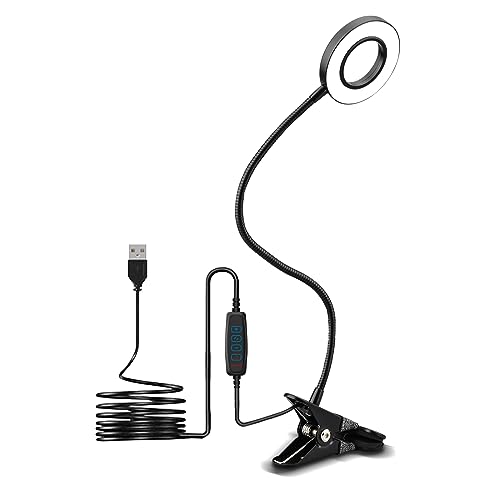 KYOTECH Candeeiro LED de leitura com pinça 52 Leds regulável com pinça 3 modos 10 níveis de brilho clipe LED luz candeeiro secretária 7 W 360 °Flexível luz leitura candeeiro para estudar preto