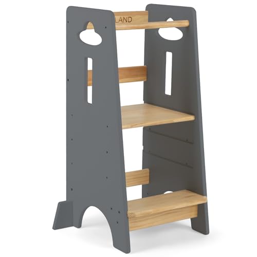 COSYLAND Torre de aprendizagem para crianças - torre de aprendizagem de madeira para bebés de 1 a 6 anos - altura ajustável em 3 níveis - 85 cm, madeira e cinzento claro