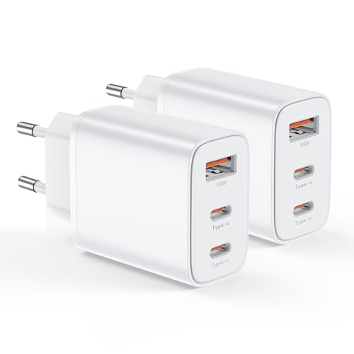 2 Pack carregador USB C 30 W 3 portas tomada carregador USBC tipo c carregamento rápido carregador multiple rápido para iPhone 16 15 14 13 12 11 Pro MAX XR XS 8 7, iPad, Samsung
