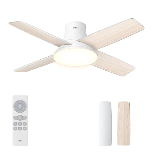 Dreo Ventilador de teto silencioso com lâmpada LED, 112 cm, reversível, 5CCT, 6 velocidades, fácil de instalar, temporizador, montagem em superfície, controlo remoto, branco