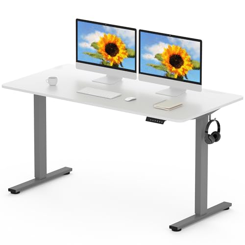 FLEXISPOT EN1 MAX, 140 x 80 cm, secretária elevável elétrica com placa inteira mesa de elevação, Standing Desk, mesa elevável secretária com 2 ganchos e 4 funções de memória