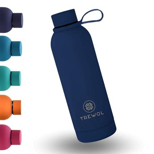 TREWOL Garrafa de água térmica 750 ml, aço inoxidável sem BPA, máquina de lavar dupla, isolante, mantém o frio 24 h e quente 12 H, anti-fugas, pega de silicone e acabamento mate (azul escuro)