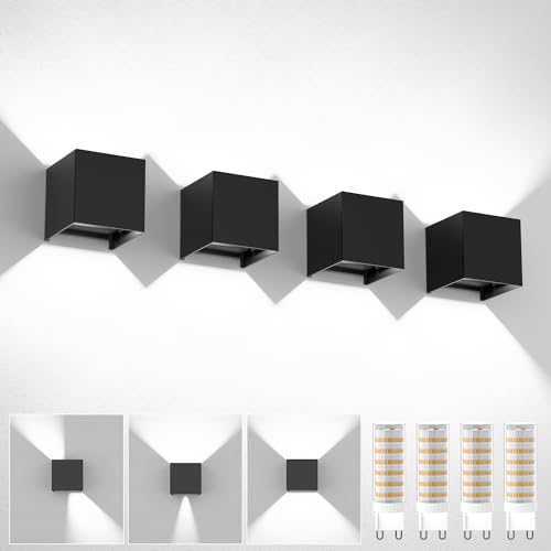 YrgePowk 4 peças aplique parede interior / exterior, candeeiro de parede com lâmpadas LED G9 substituíveis 9 W 6000 K branco frio, aplique parede exterior impermeável IP65 ângulo de feixe ajustável