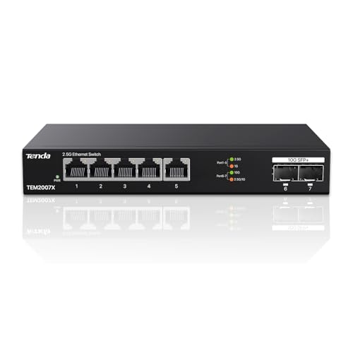 Tenda TEM2007X Switch de 2,5 G com 5 portas 2,5 G, 2 portas SFP 10 G, plug and play, sem necessidade de configuração, proteção contra raios de 6 KV, secretária ou montagem na parede, silencioso