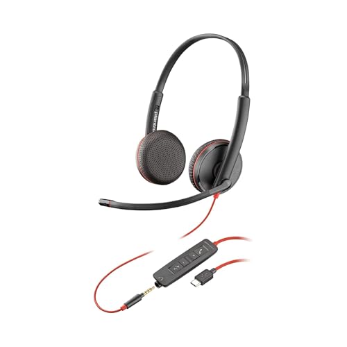 Auricular Poly Blackwire 3225 com cabo - microfone com cancelamento de ruído - design estéreo - conexão ao PC/Mac/dispositivo móvel via USB-C, USB-A ou conector de 3,5 mm - Funciona: Teams e Zoom