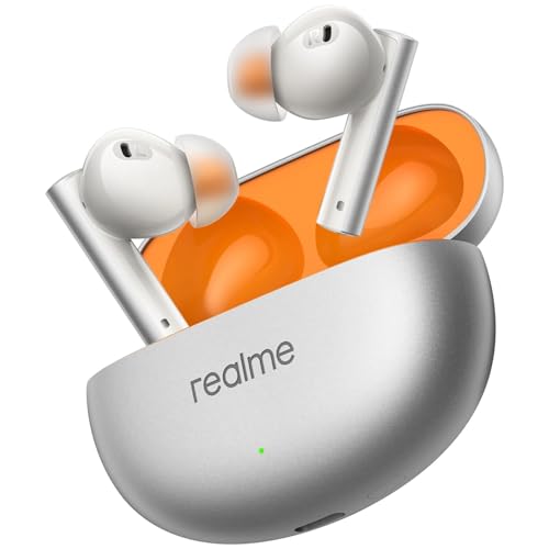 realme Air 6 auriculares True Wireless, condutor de baixa profunda, 12,4 mm, 50 dB cancelamento ativo de ruído, 40 horas de reprodução, resistente à água, 6 ENC Mic para chamadas, chama de prata
