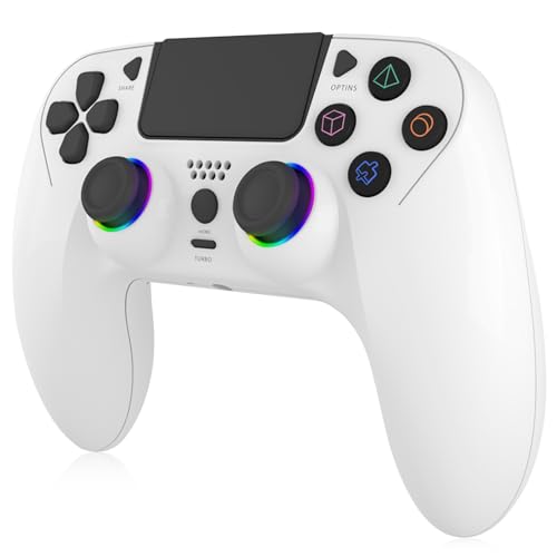 Mando Inalámbrico para PS4, Mando de Juego Compatible con PS4/Slim/Pro/PC, Joystick Gamepad con LED RGB/Vibración Dual/Sensor Giroscópico de 6 Ejes/Panel Táctil/EXT, Controles Preciso, Blanco
