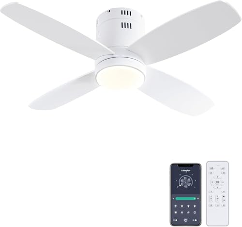 Ohniyou Ventoinha de teto com luzes, 38" ventoinhas de teto pequenas de montagem embutida, controlo remoto e APP, luz regulável, 6 velocidades, reversível, para pátio, cozinha, quarto (branco)