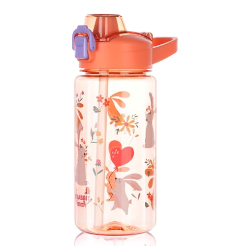 flintronic Garrafa de água para crianças e meninas, garrafas de água para crianças, garrafa de água para crianças, sem BPA, sem fugas, reutilizável, 600 ml, plástico, coelho laranja
